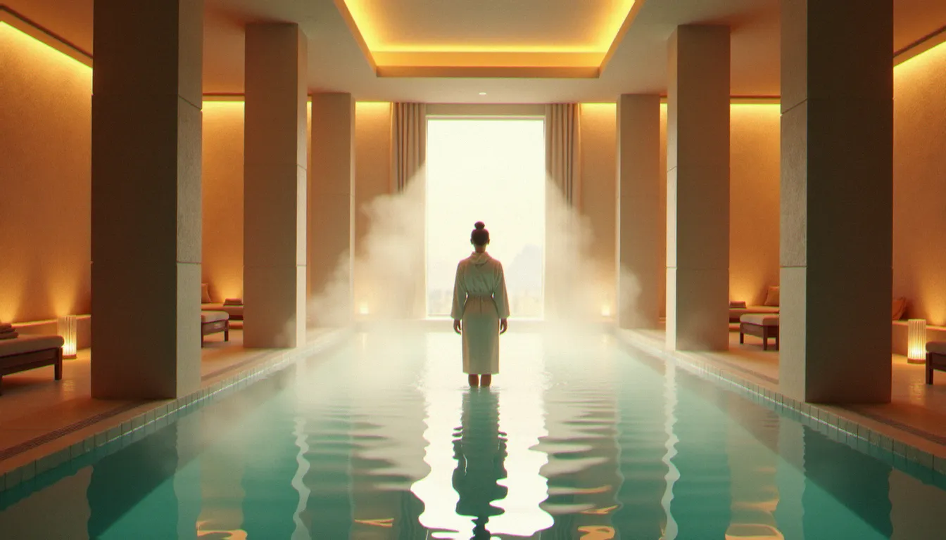 Intérieur luxueux du spa Les Célestins de Vichy avec bassin d'eau thermale minérale et colonnes en pierre